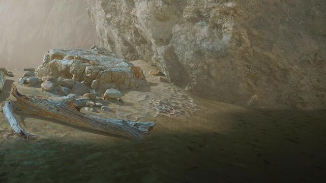 Driftwood rests on a sandy beach alongside rocks. The scene is set in a coastal area with cliffs in the background. Light filters through the fog creating a unique atmosphere.