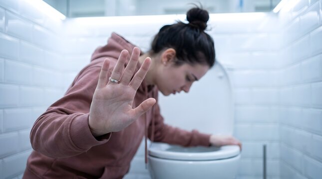 Young woman in a pink hoodie feeling nauseous while leaning over a white ceramic toilet