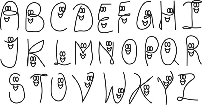 Playful Ghost Alphabet Vector Clipart Sheet, Monoline Capital Letters with Friendly Smiling Mascot Faces for Early Childhood Education