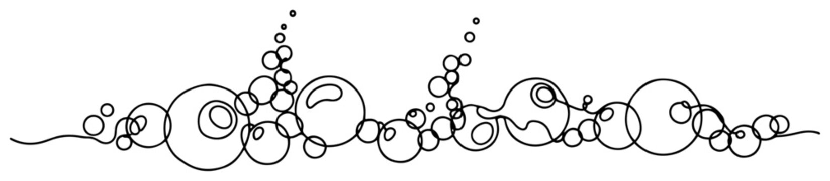 Rising bubbles border for carbonation and soap foam in minimalist continuous line art style