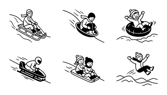 Winter Fun Vector Icons: Sledding, Tobogganing, Snow Tubing, Bobsledding, Winter Sports Collection