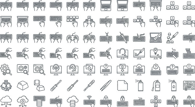 Keyboard repair icons set with computer hardware fixing tools mechanical keycaps linear vector illustration isolated on white