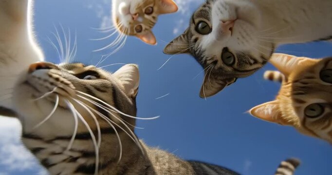 Cat selfie midair fluffy clouds skydiving fun adventure whimsical feline playful shot dynamic animal photography thrilling joyful sky fisheye orange kitten kitty tabby cute parachute air Gliding