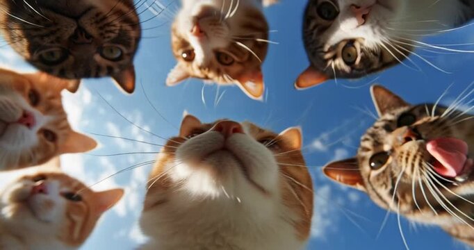 Cat selfie midair fluffy clouds skydiving fun adventure whimsical feline playful shot dynamic animal photography thrilling joyful sky fisheye orange kitten kitty tabby cute parachute air Gliding