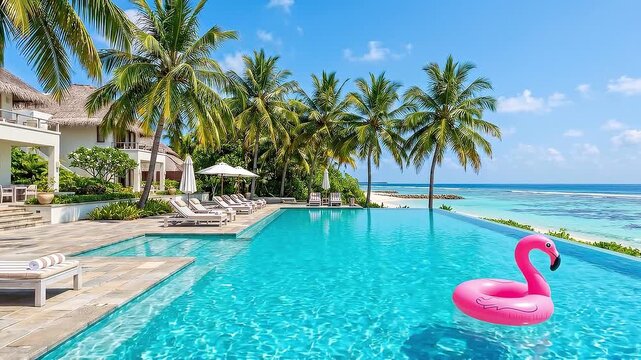 Tracking shot of inflatable pink flamingo drifting slowly across resort infinity pool toward turquoise ocean with palm trees, lounge chairs, sunlit deck and clear sky