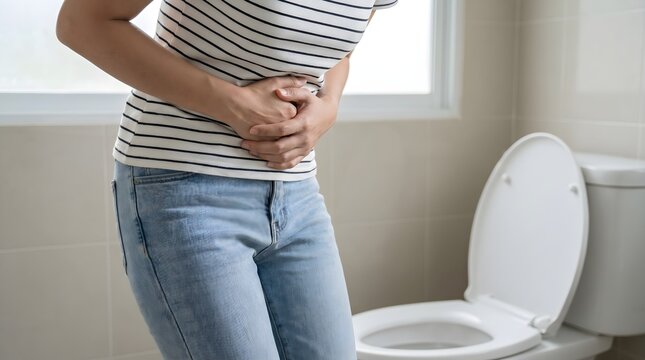 Woman wearing striped shirt holding her stomach in pain while standing near a white toilet
