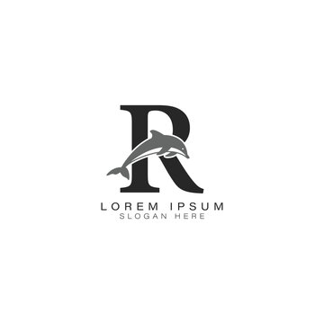 Letter R logo with Dolphin Art. Alphabet R Dolphin Icon Design