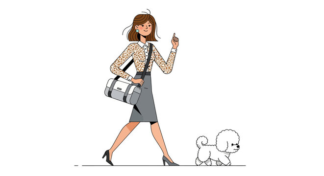 Elegant woman walking her small white poodle outdoors.