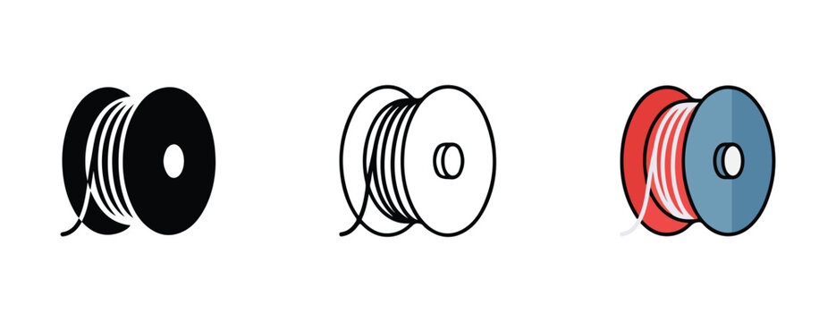 Colorful wire spool reels with wires on them in black white and red blue colors side by side on white background
