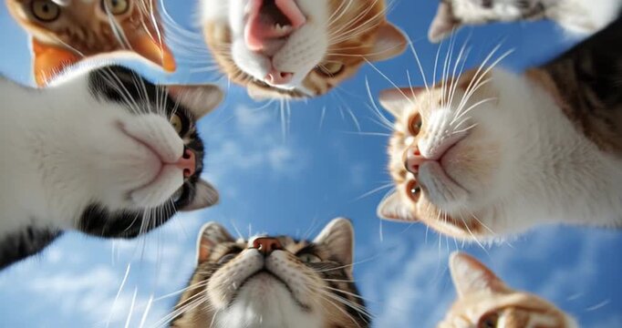 Cat selfie midair fluffy clouds skydiving fun adventure whimsical feline playful shot dynamic animal photography thrilling joyful sky fisheye orange kitten kitty tabby cute parachute air Gliding
