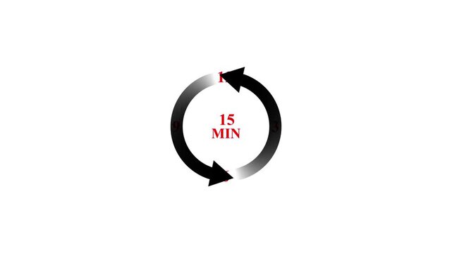 Animated circular arrow clock timer countdown representing fifteen minute intervals.