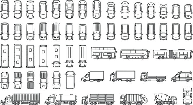 2D CAD transportation block library with top view and side view vehicles. Black and white vector set for cars, trucks, buses, and trailers used in parking layouts, site planning, and civil engineering
