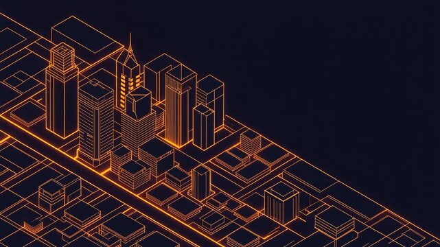 Glowing orange wireframe city animation showing urban development growth in a dark digital motion video clip
