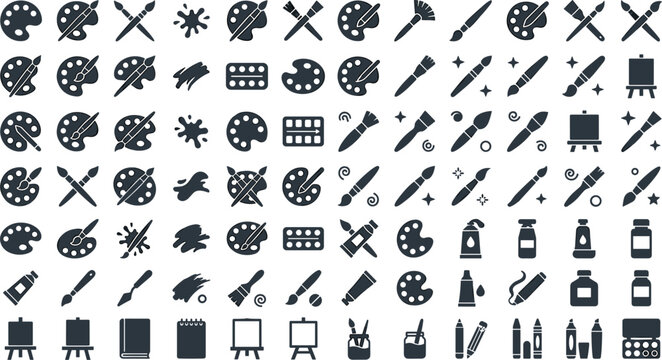 Art tools icons set with paint palettes brushes easel tube canvas vector silhouettes isolated on white background