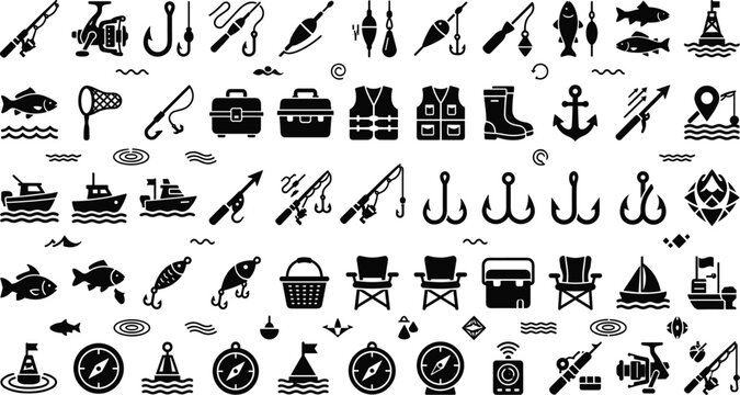 Fishing icons set with rods hooks boats bait and equipment vector silhouettes isolated on white background