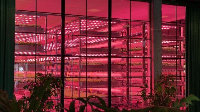 Modern Indoor Vertical Farm wide shot of High-Tech LED Grow Lights Illuminating Indoor Microgreens Farm modern high tech Greenhouse farming