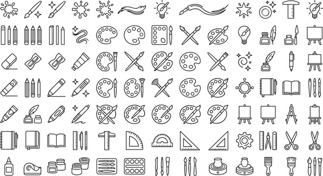 Art supplies drawing tool line icon set vector illustration for artist creative design studio craft isolated.