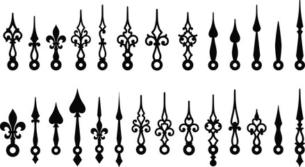 Vintage Clock Hands Silhouette Vector Set with Antique Ornate Watch Pointers Fleur de Lis and Gothic Mechanical Arrow DetailsVintage Clock Hands Silhouette Vector Set with Antique Ornate Watch Pointer © Sonjoy