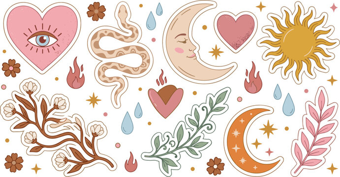 Boho Mystical Sticker and Icon Set Featuring Celestial Sun, Moon, Sacred Heart, Evil Eye, Snake, and Botanical Elements for Spiritual Graphic Designs