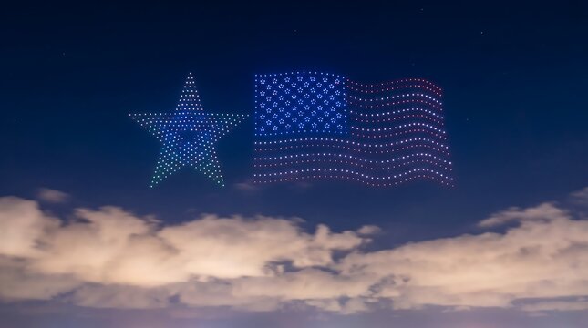 Patriotic drone light show in night sky, luminous American flag and star formation, glowing UAV swarm technology for national holiday celebration