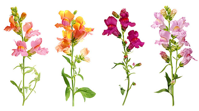 Colorful snapdragons, flower stems, blooming plants, floral arrangements
