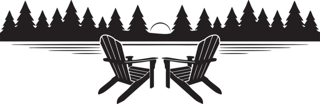 Two Adirondack chairs facing a tranquil lake and pine forest, suggesting relaxation and nature retreat.