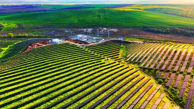 Photovoltaic array with an electrical substation. Diagonal rows of solar panels leading up to a distribution grid station on a green meadow.