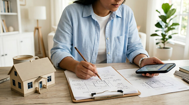 Woman Reviewing House Plans and Using Smartphone for Home Renovation Budgeting and Planning