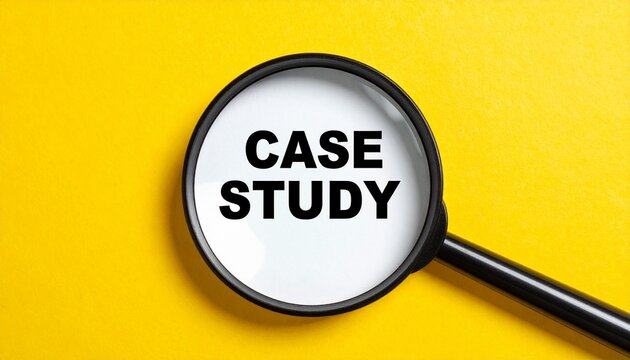 Magnifying Glass Highlighting Case Study Text on Bright Yellow Background with Small Flower Representing Research and Analytical Focus