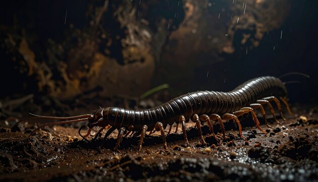 Centipede with numerous legs scurrying across damp soil in a low-angle tracking