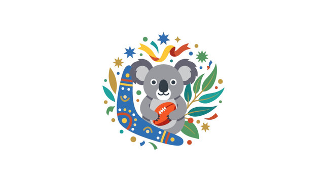 Cute Koala Holding Football with Colorful Aboriginal Style Pattern