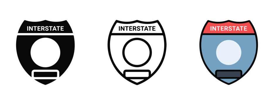 Interstate highway signs in black white and colored versions for navigation and transportation purposes on roads and highways systems
