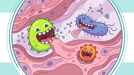 Obraz premium Cartoon illustration of bacteria under microscope.