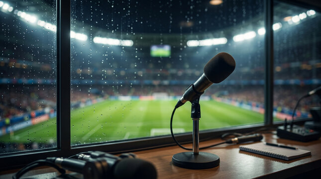 Sports Commentary Booth: A microphone stands ready in a commentator's booth overlooking a rain-swept football stadium, setting the scene for live sports broadcasting.