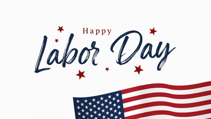 Obraz premium Labor Day greeting card with elegant blue brush typography and United States flag design on a clean white background