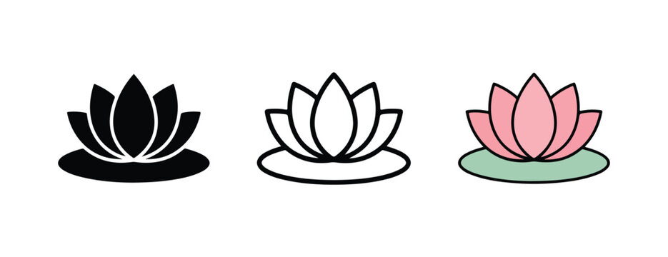 Lotus flower icons in black and white and pink on lily pads  symbolizing growth and spiritual enlightenment in various styles