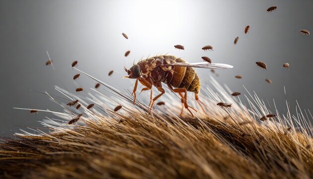 Giant Flea and Tiny Fleas Swarming on Animal Fur, Macro Close-up Detail