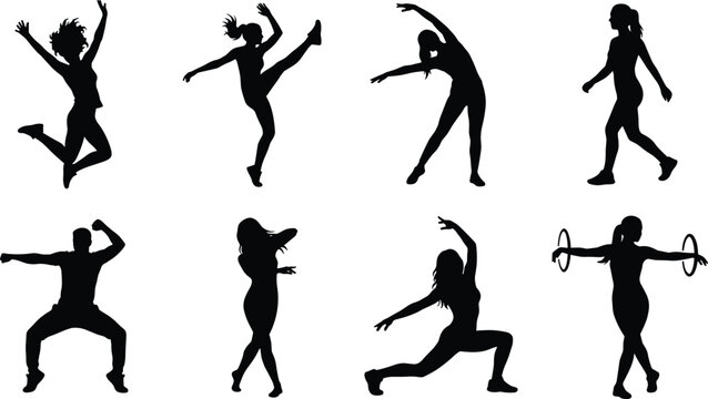 Active Fitness and Dance Workout Silhouette Collection of People Exercising Isolated on White Background