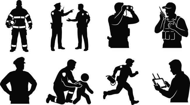 Emergency Services and Public Safety Personnel Silhouette Set of First Responders Isolated on White Background