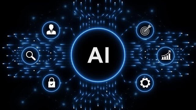 Digital AI interface for artificial intelligence business process automation data analysis autonomous workflow orchestration and futuristic technology innovation concept. animation