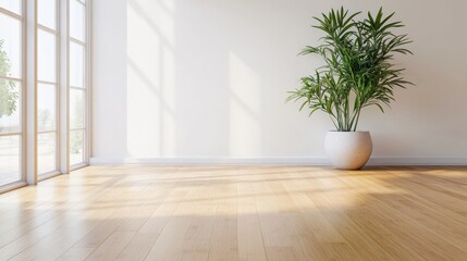 Fototapeta premium Bright minimalist room with large window, white walls, light wood floor and green potted plant. Natural sunlight and serene shadows define this modern empty space, Interior, Calm