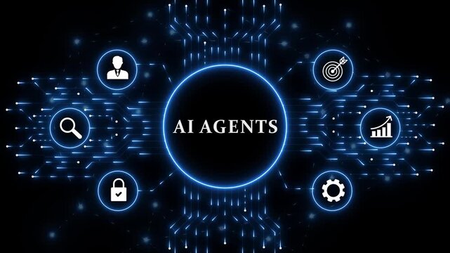 Digital AI Agents interface for artificial intelligence business process automation data analysis autonomous workflow orchestration and futuristic technology innovation concept. animation