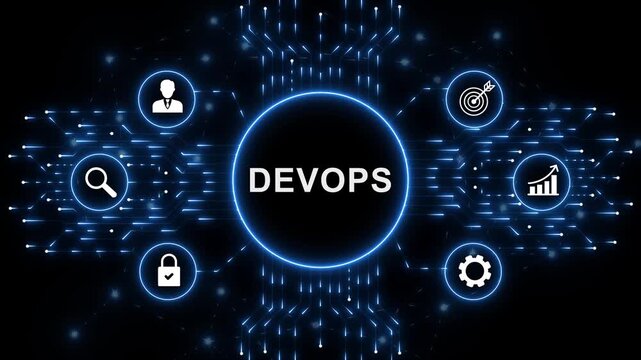 Digital Devops interface for artificial intelligence business process automation data analysis autonomous workflow orchestration and futuristic technology innovation concept. animation