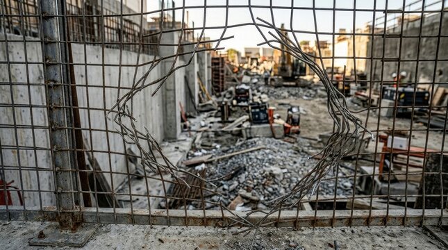 Ripped Wire Fence Overlooking a Chaotic Construction Site with Heavy Machinery and Debris