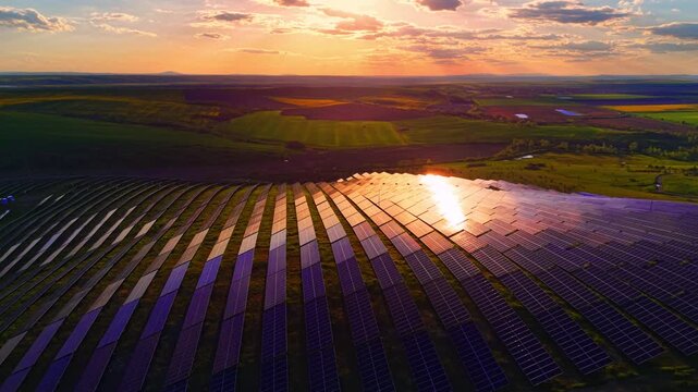Large solar array reflecting bright sunset glare. High perspective tracking orange sun flare across rows of panels installed on rural rolling green hills.