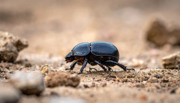 Black Dung Beetle Navigates Sandy Terrain, Showcasing Nature's Resilience