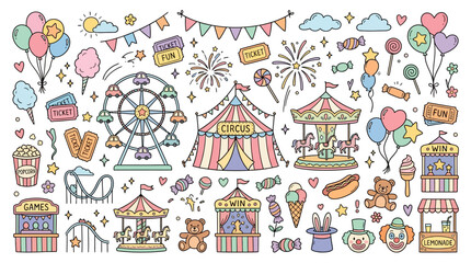 Naklejka premium Colorful amusement park rides icons set.