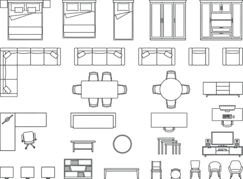 Architectural CAD furniture block sheet in top view. Black and white vector interior layout symbols set for beds, sofas, tables, desks, cabinets, and floor plan space planning drawings