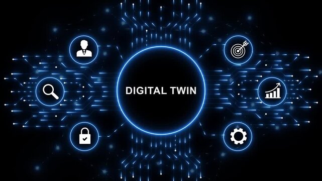 Digital Digital Twin interface for artificial intelligence business process automation data analysis autonomous workflow orchestration and futuristic technology innovation concept. animation