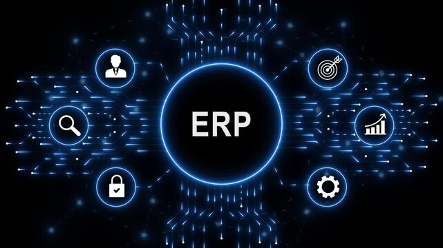 Digital ERP interface for artificial intelligence business process automation data analysis autonomous workflow orchestration and futuristic technology innovation concept. animation